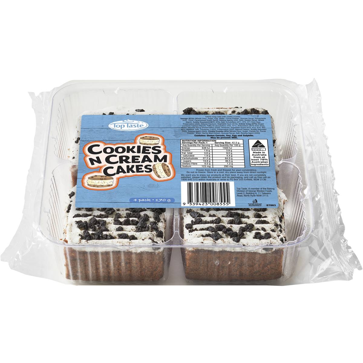 Top Taste Cookies N Cream Cakes 4 Pack Woolworths