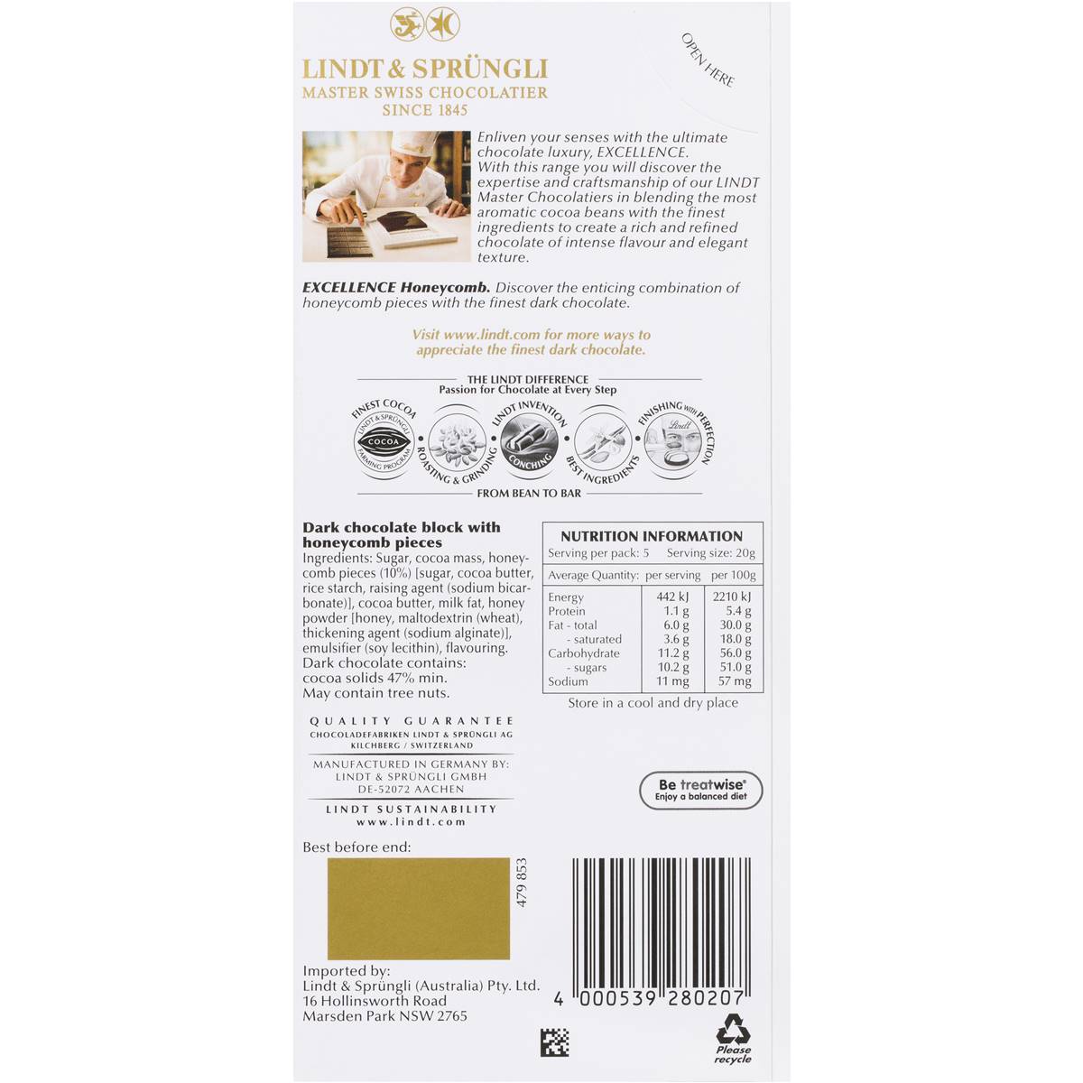 Lindt Excellence Honeycomb Dark Chocolate 100g | Woolworths