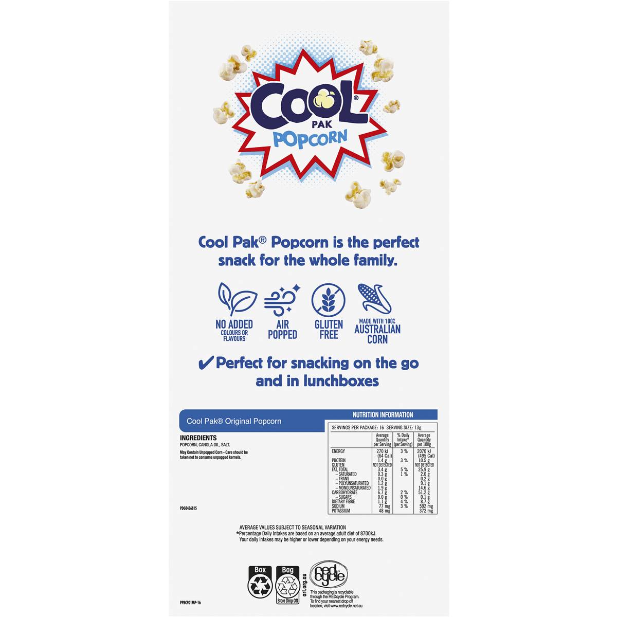 Cool Pak Popcorn Lunch Box Multipack Original 13g X16 Pack Woolworths