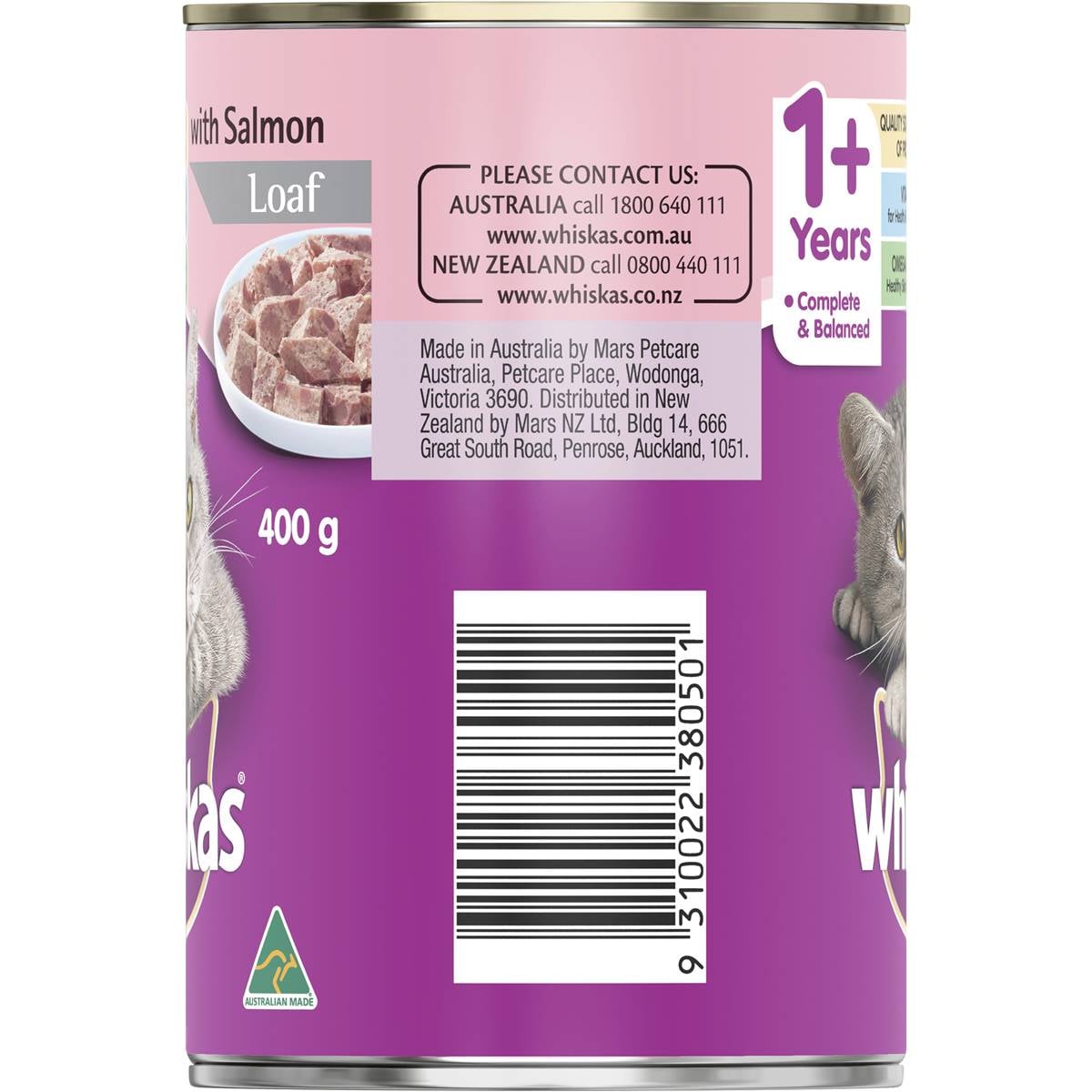Whiskas 1+ Years With Salmon Loaf Wet Cat Food Can 400g Woolworths