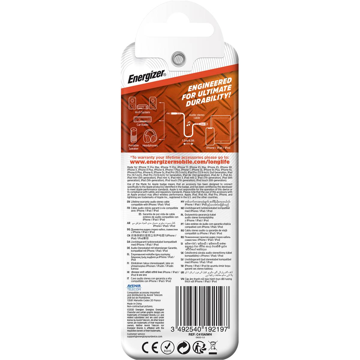 Energizer Iphone Audio Cable 1.5 Metre Each Woolworths