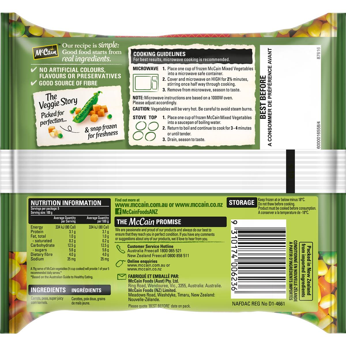 Mccain Mixed Vegetables Peas Corn & Carrot 500g Woolworths