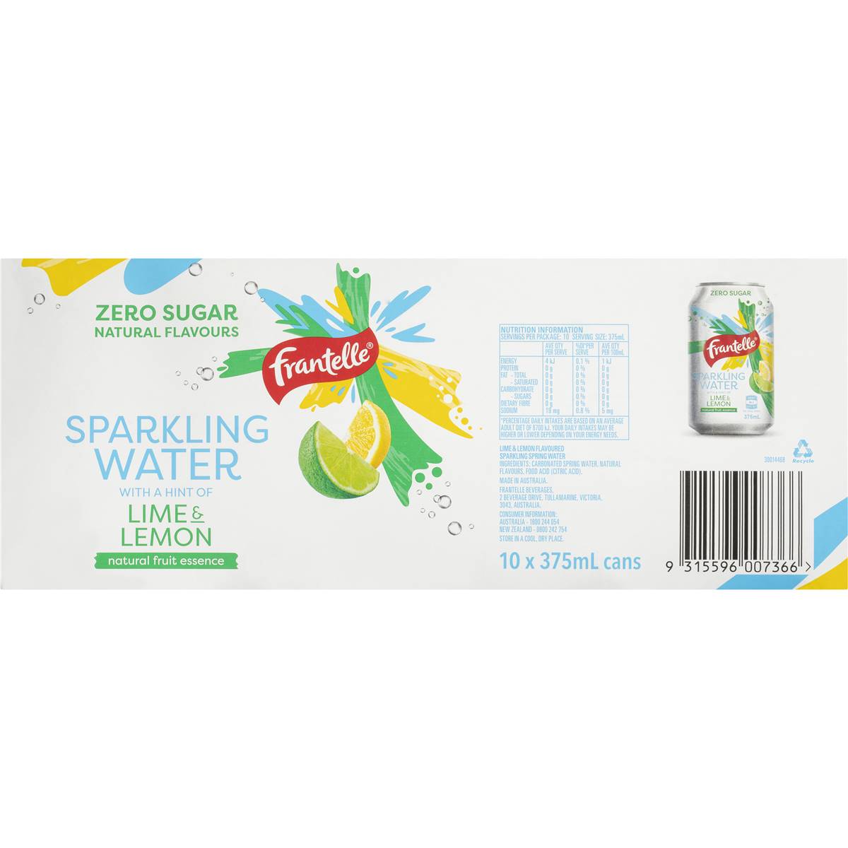 Frantelle Sparkling Water Lime & Lemon Multipack Cans 375ml X 10 Pack
