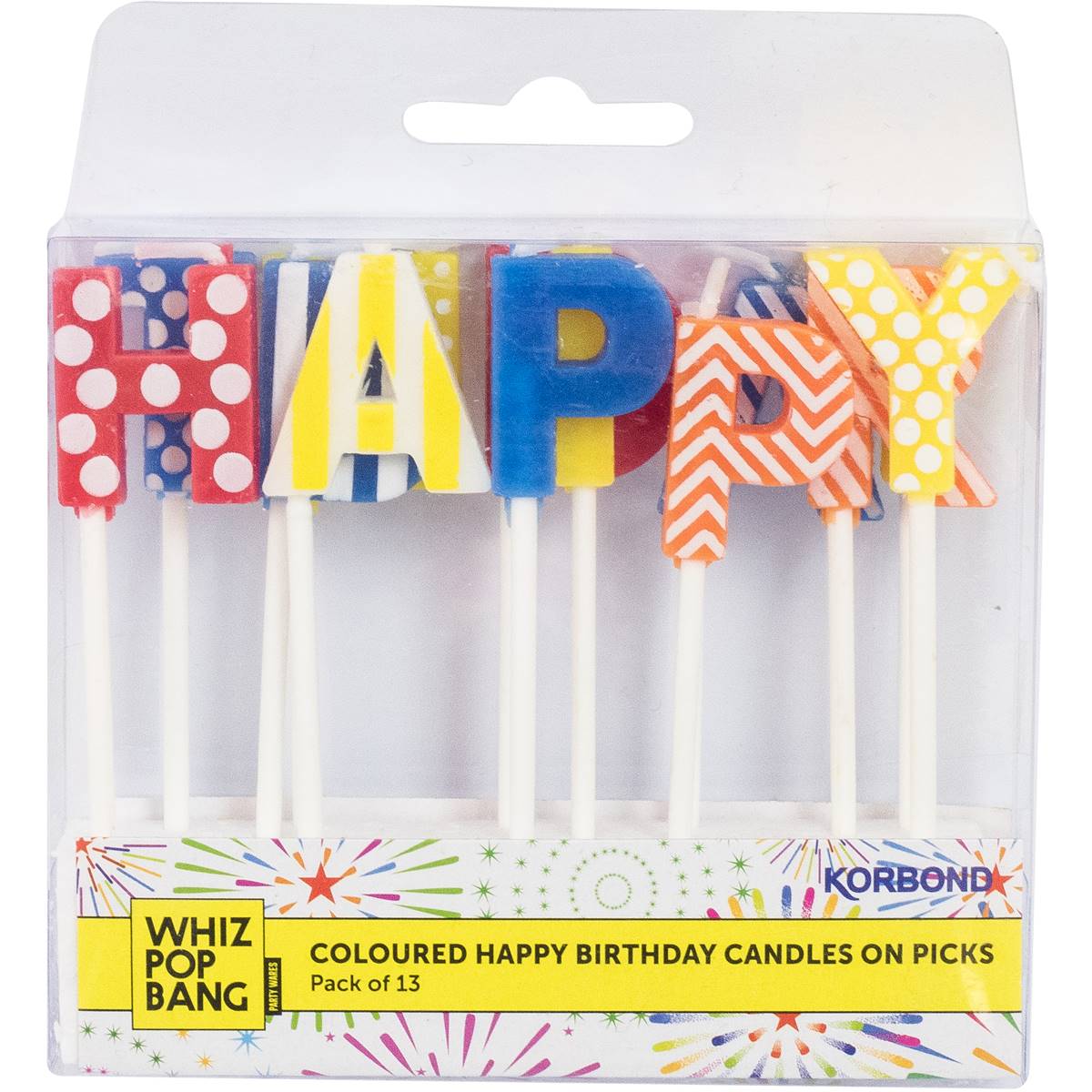 Korbond Happy Birthday Candle On Picks Coloured Assorted 13 Pack