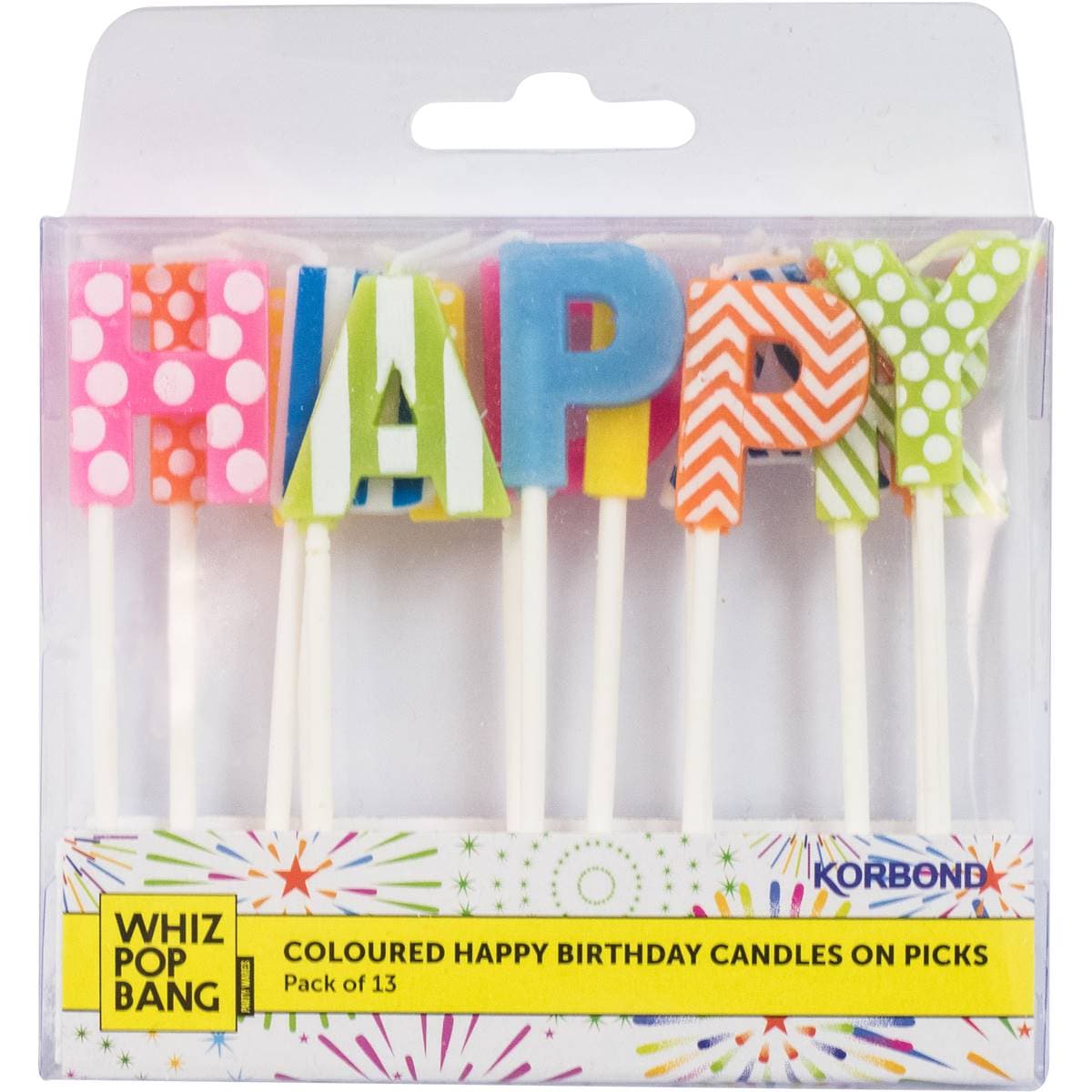 Korbond Happy Birthday Candle On Picks Coloured Assorted 13 Pack