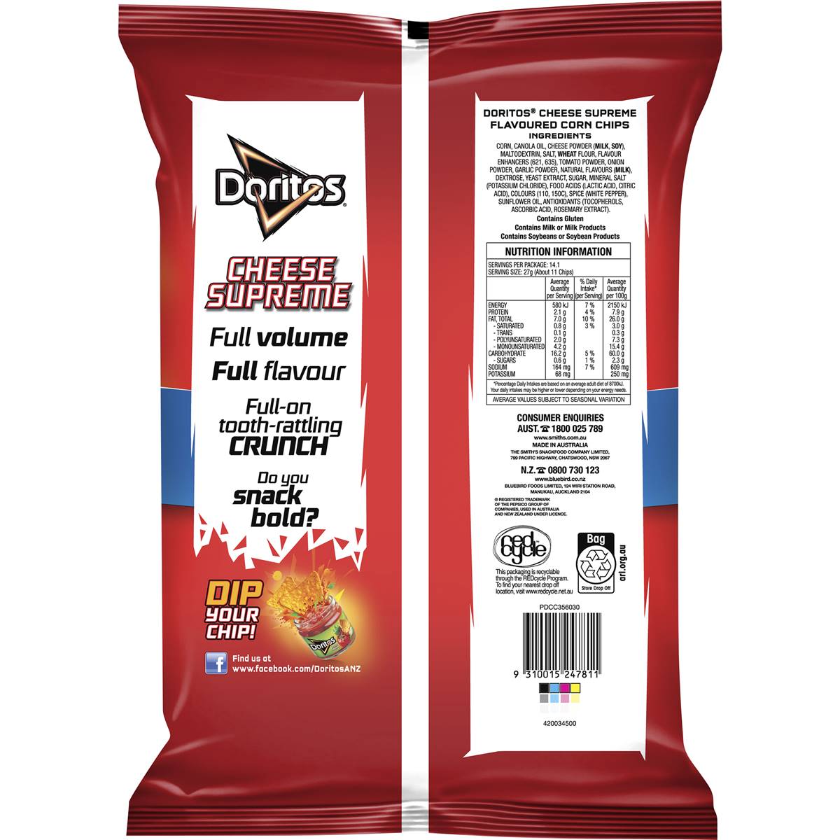 Doritos Corn Chips Cheese Supreme Party Size 380g Woolworths