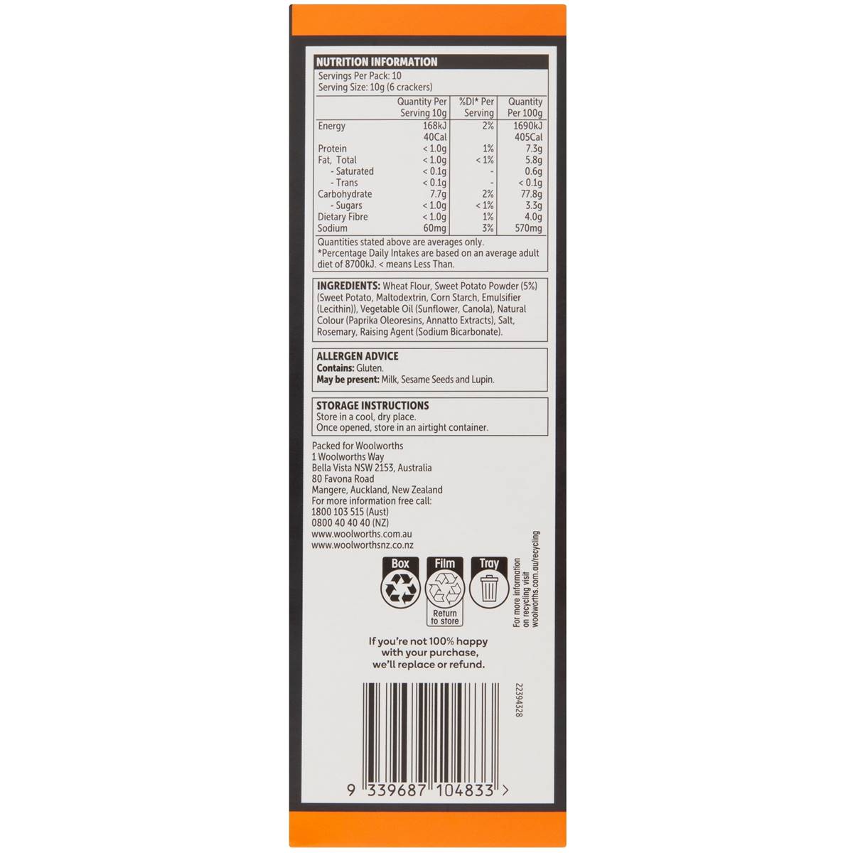 Woolworths Sweet Potato & Rosemary Wafer Crackers 100g Woolworths