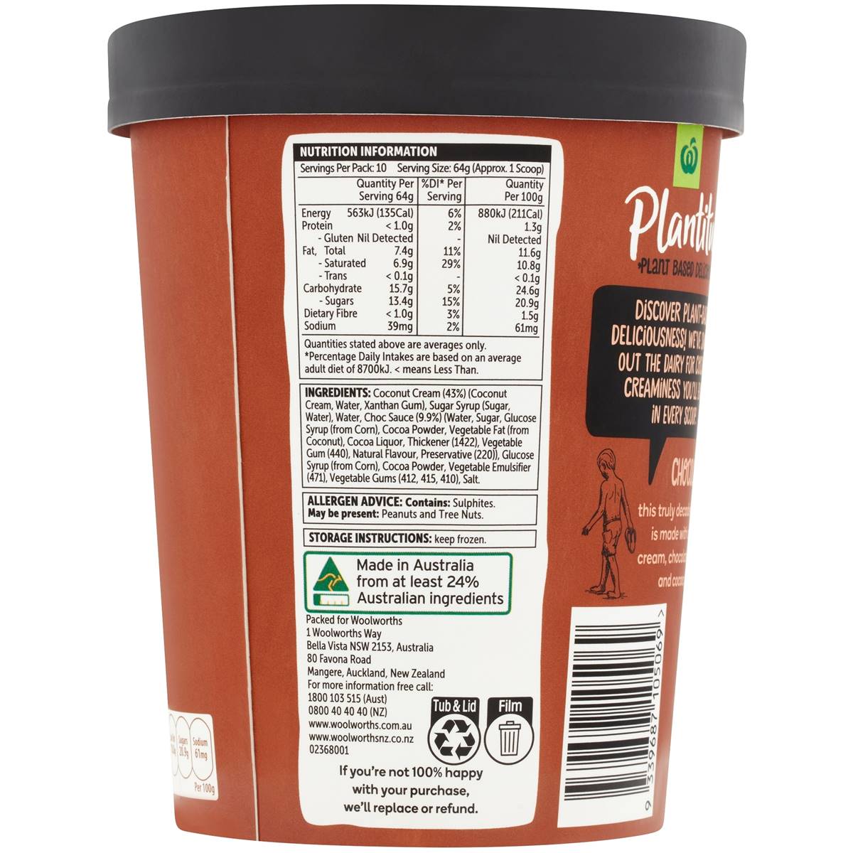 Woolworths Plantitude Frozen Dessert Chocolate 1l Woolworths