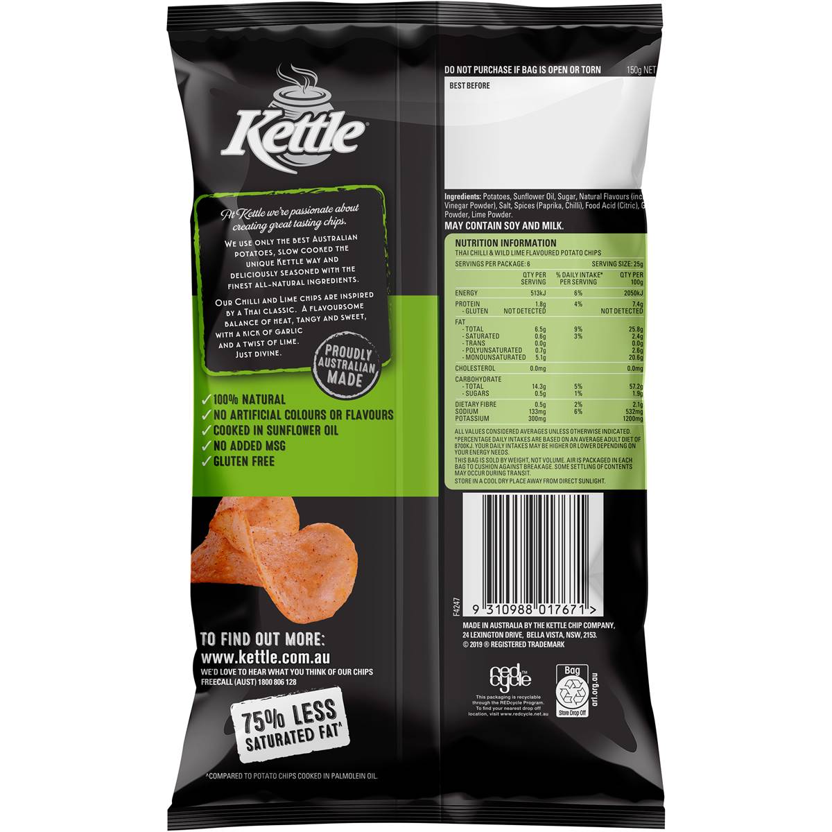Kettle Thai Chilli & Lime Potato Chips 150g Woolworths