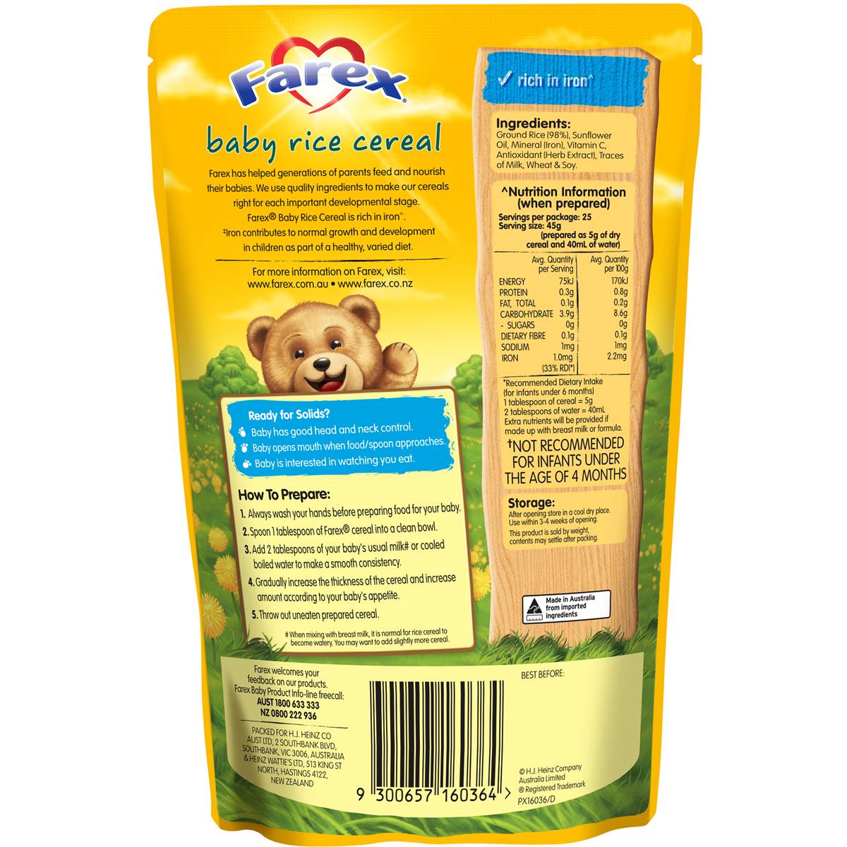Farex Baby Food 4 Months+ Rice Cereal 125g Woolworths