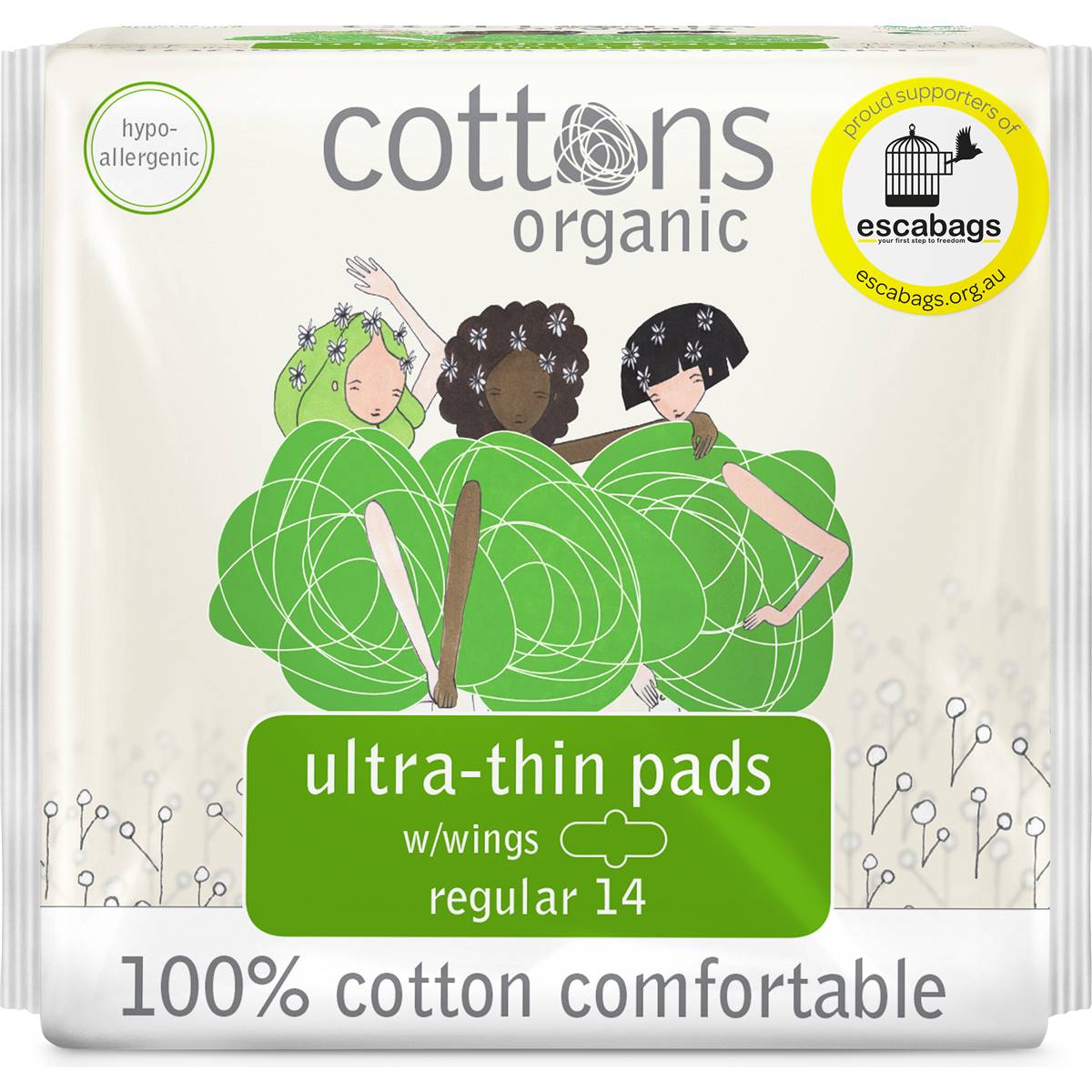 Cottons Organic Ultra Thin Pads Regular With Wings 14 Pack Woolworths