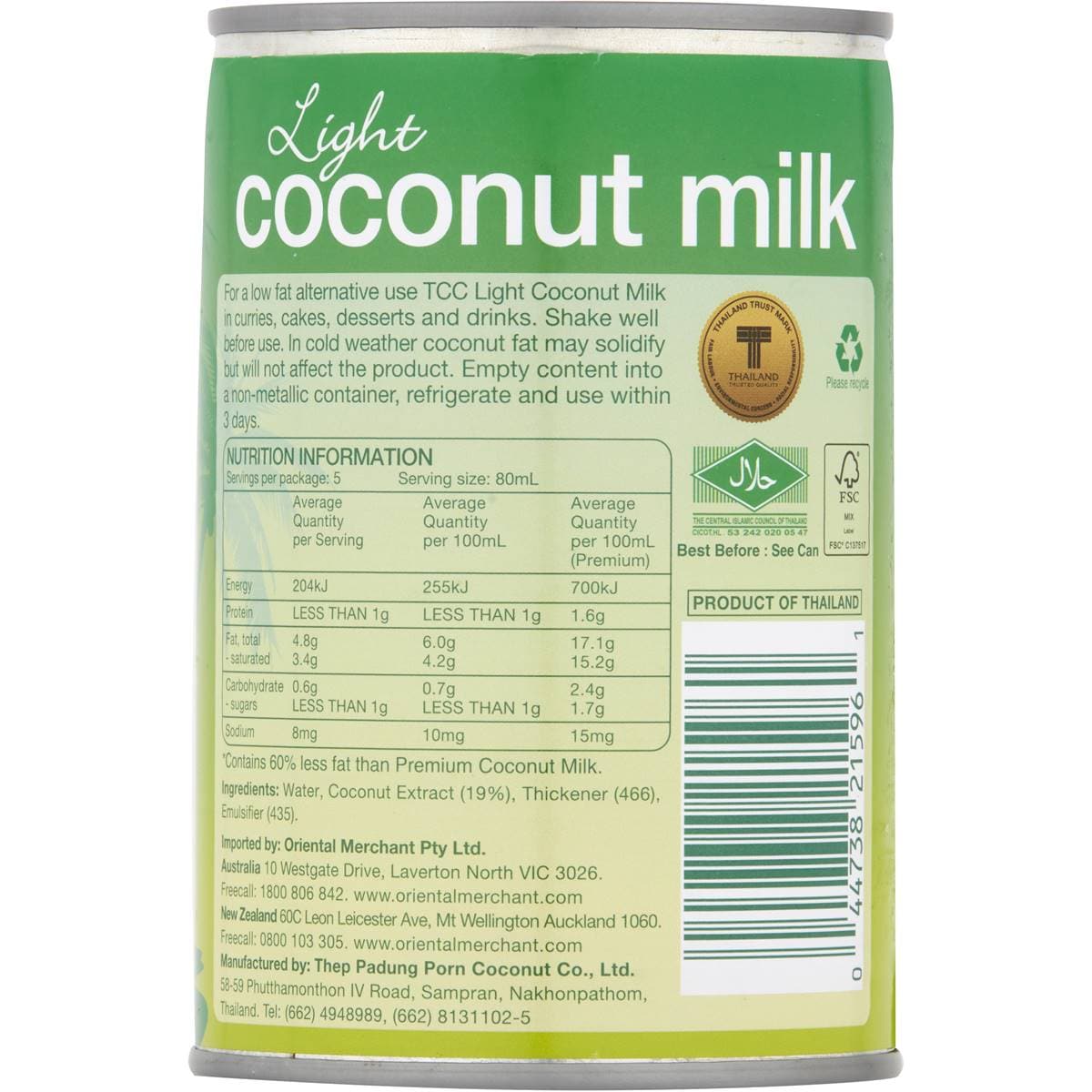 Tcc Coconut Milk Lite 400ml Woolworths