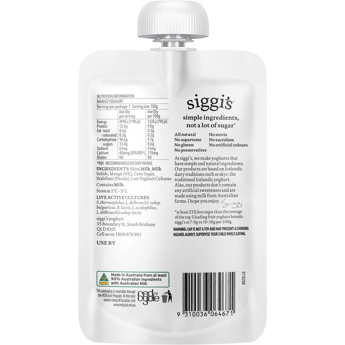 Siggi's Yoghurt Pouch Mango 150g Woolworths