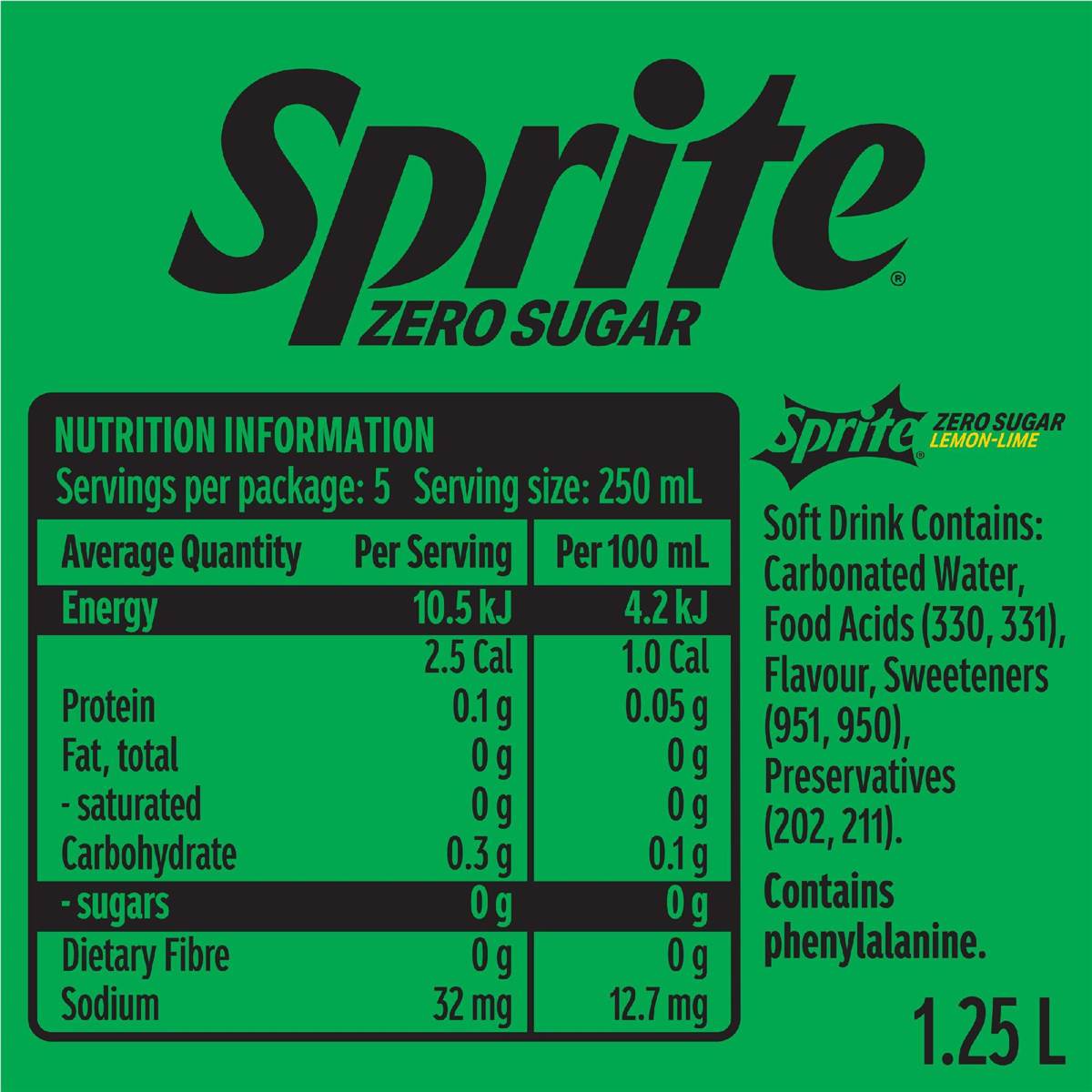 Sprite zero sugar lemonade soft drink bottle 1 25l woolworths