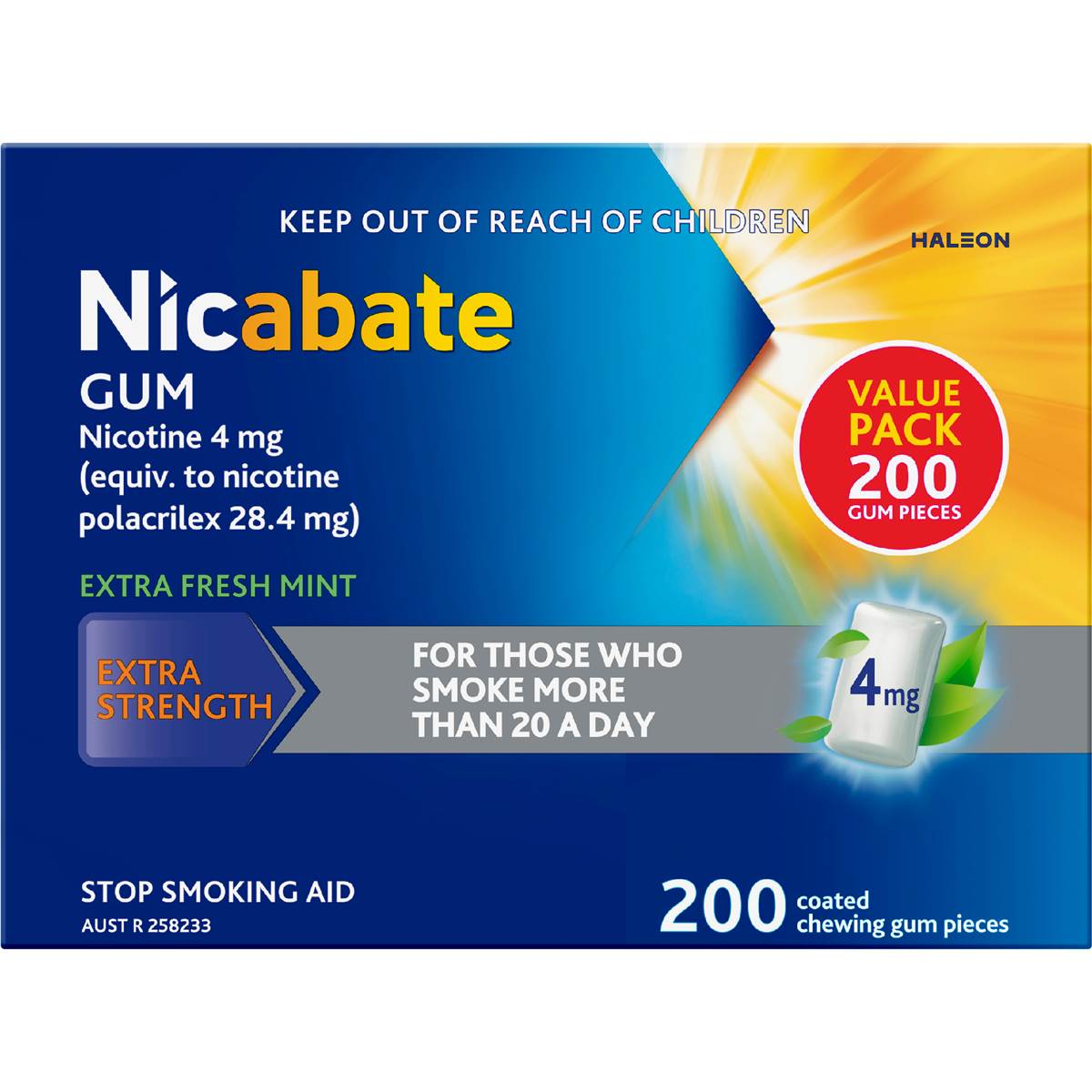 Nicabate Quit Smoking Chewing Gum Extra Strength 4mg Nicotine 200 Pack