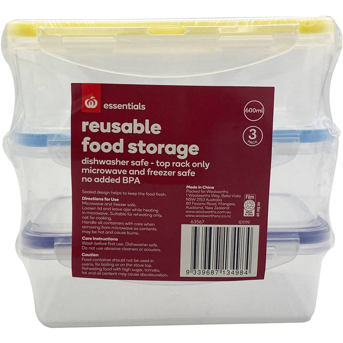 Essentials Reusable 600ml Containers 3 Pack Woolworths
