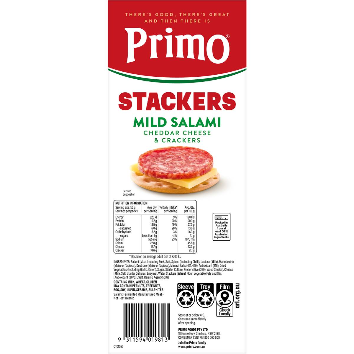 Primo Stackers Mild Salami Cheese And Crackers 50g Woolworths