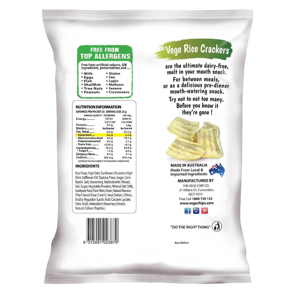Vege Chips Rice Crackers Sour Cream & Chives 75g Woolworths