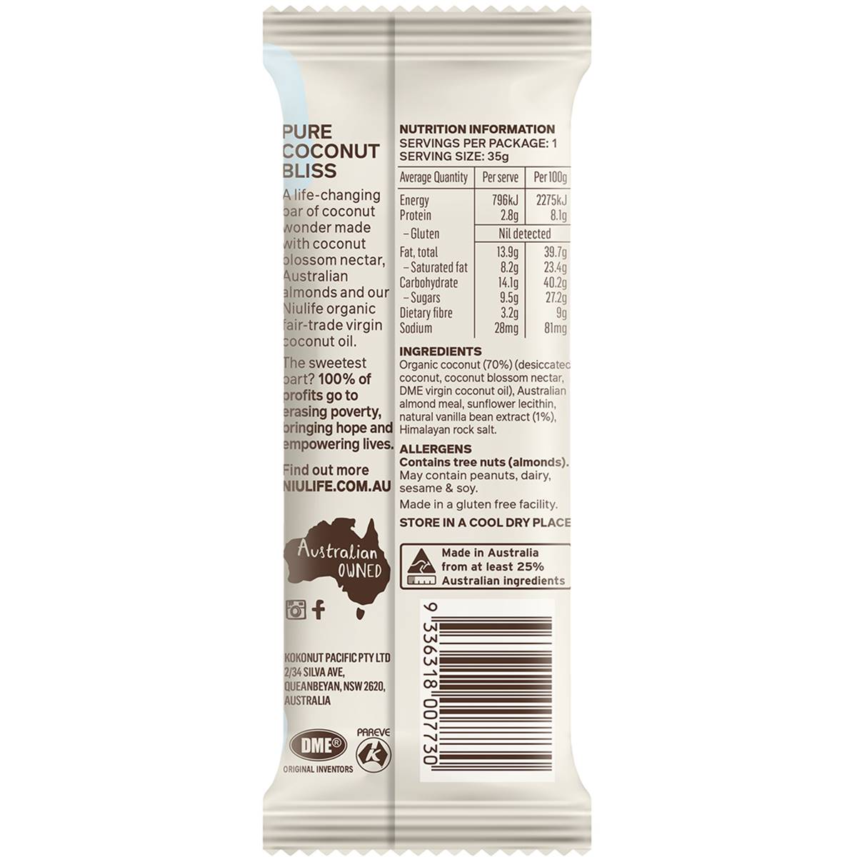 Niulife Coco Bar Vanilla Bean 35g | Woolworths