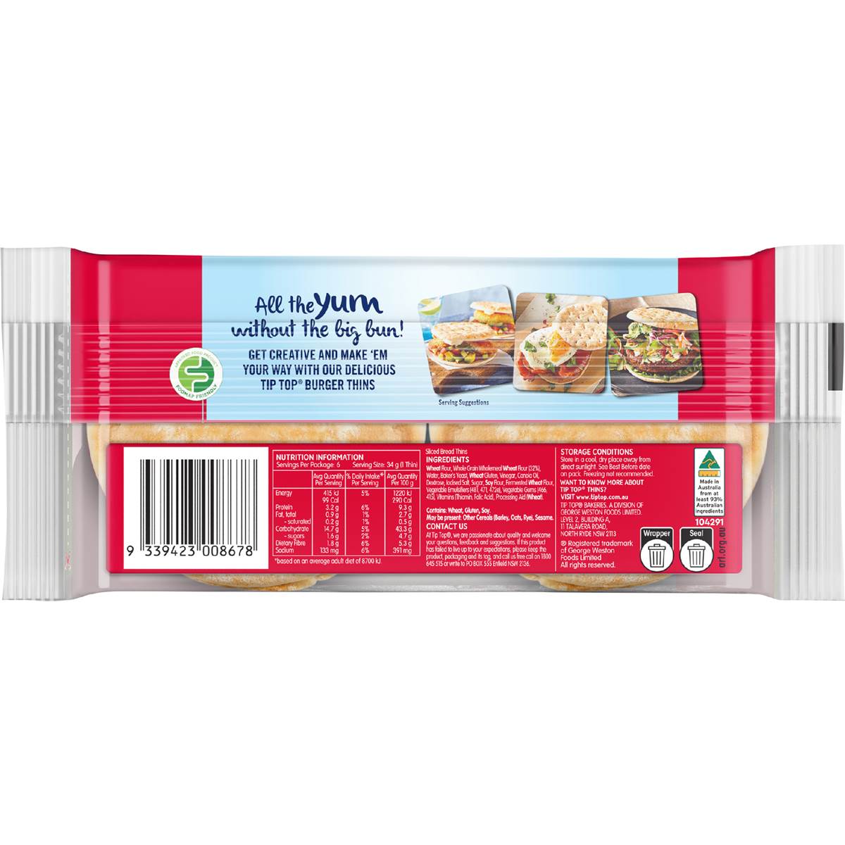 Tip Top Bakery Burger Thins Bread 6 Pack Woolworths