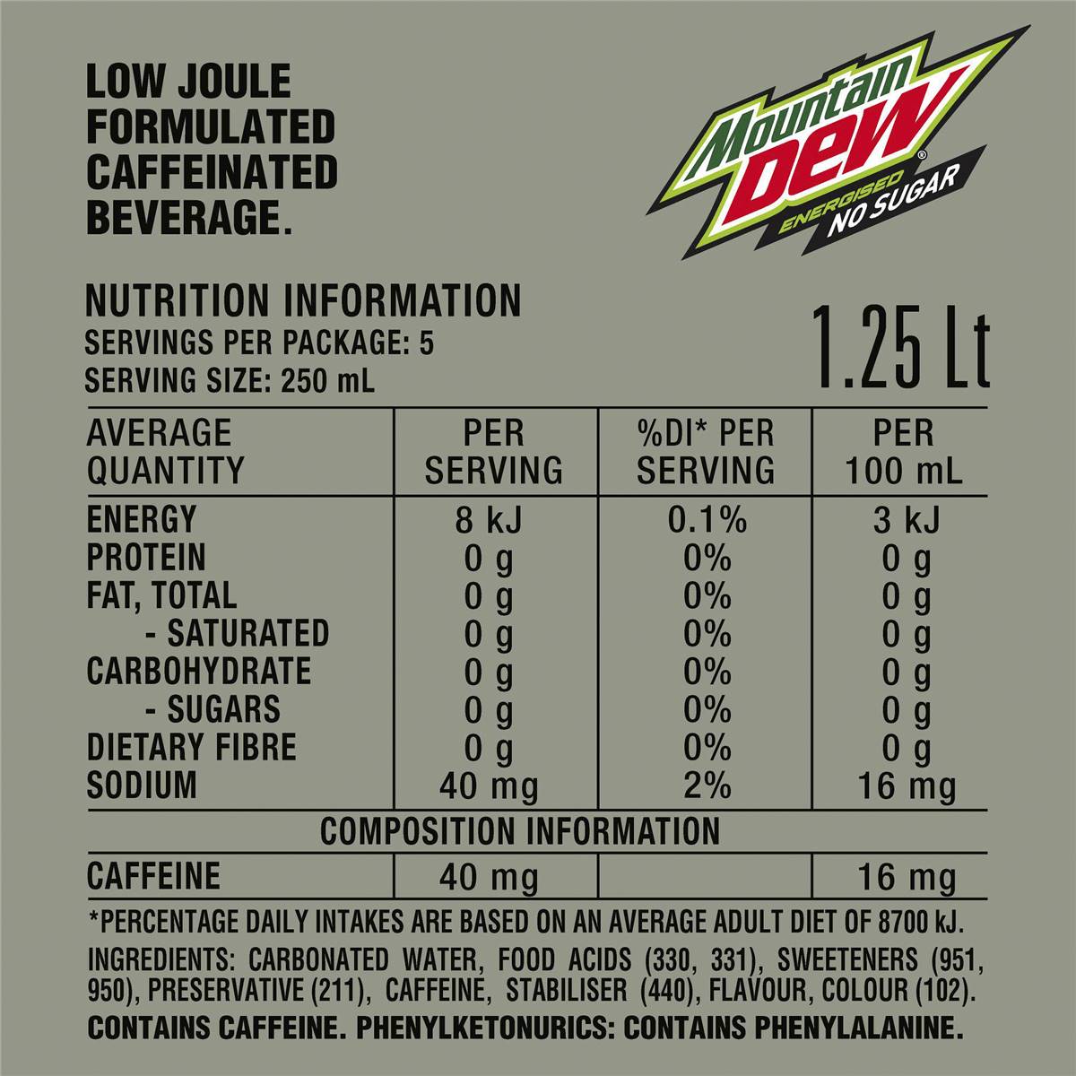 Mountain Dew Energised Sugar Free Caffeinated Soft Drink Bottle 1.25l ...