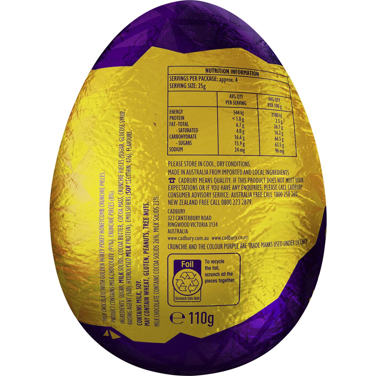 Cadbury Crunchie Hollow Chocolate Easter Egg 110g | Woolworths