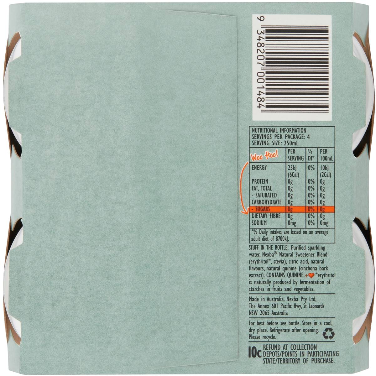 Nexba Sugar Free Lime Cucumber & Mint Tonic Water 250ml X4 Pack