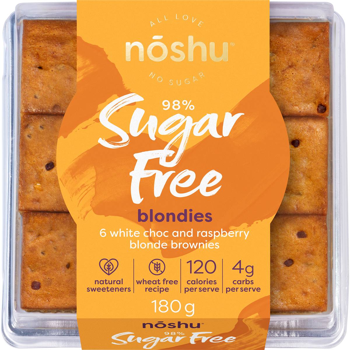 Noshu 98 Sugar Free White Choc Raspberry Blondie Slices 180g Noshu 98 Sugar Free White Choc Raspberry Blondie Slices 180g