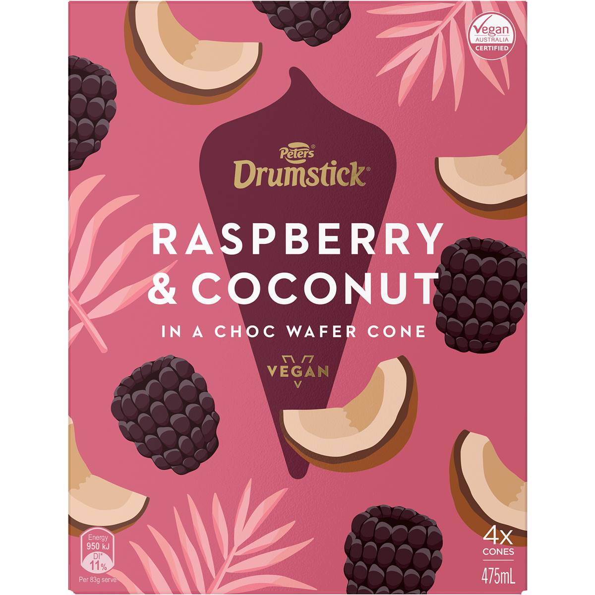 Peters Drumstick Vegan Raspberry & Coconut Cones 4 Pack | Woolworths
