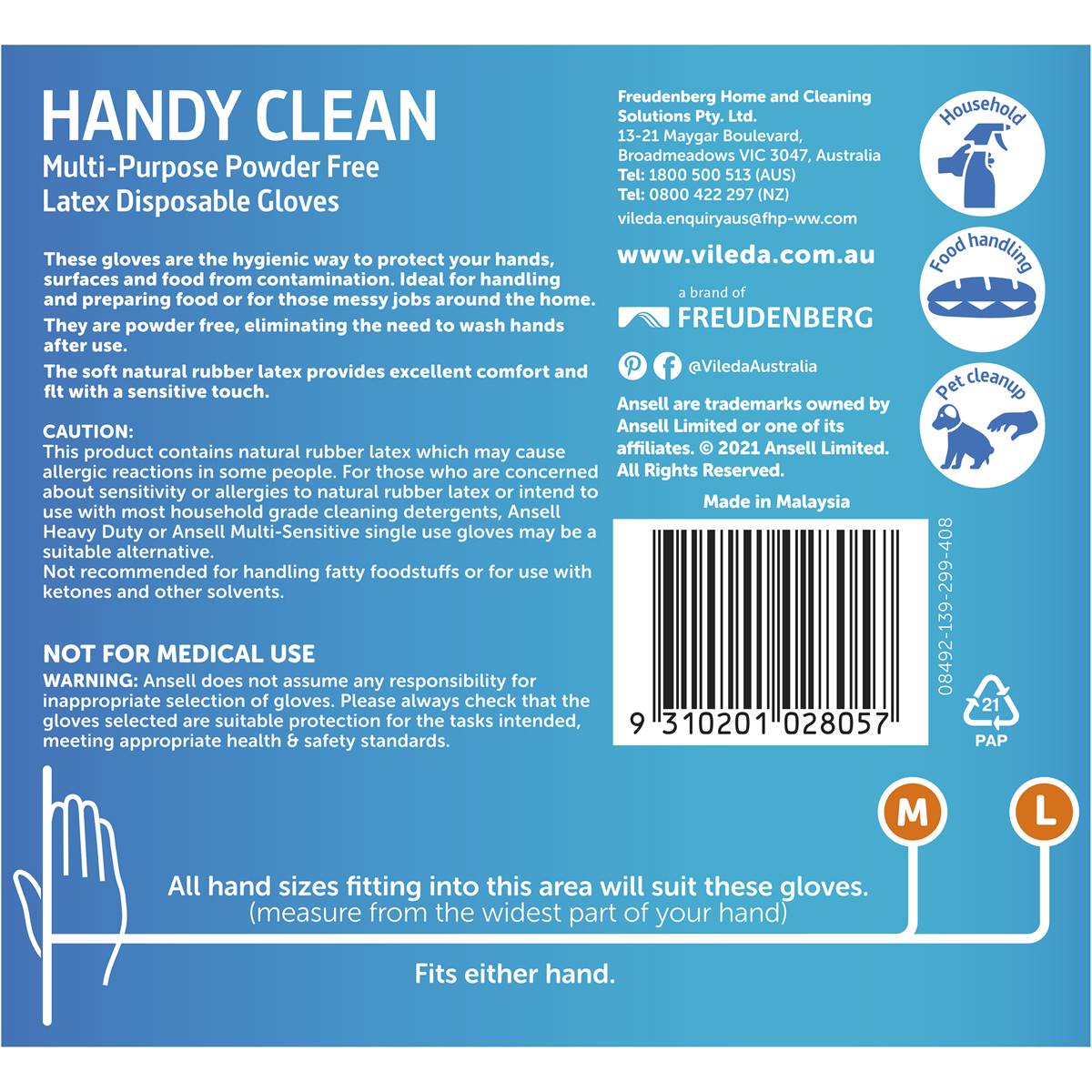 Vileda Ansell Handy Clean Latex Multipurpose Gloves M/l 24 Pack Woolworths