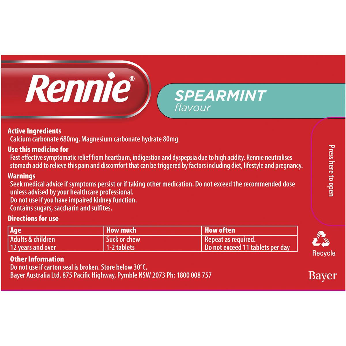 Rennie Indigestion & Heartburn Relief Spearmint Chewable Tablets 48