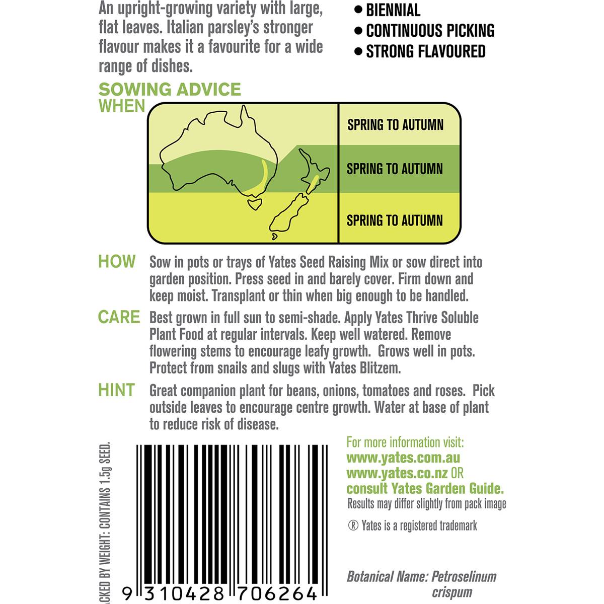 Yates Italian Plain Leaf Parsley Seeds 1.5 G Woolworths