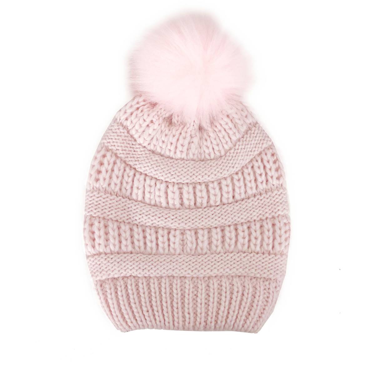 pink beanie with white pom pom