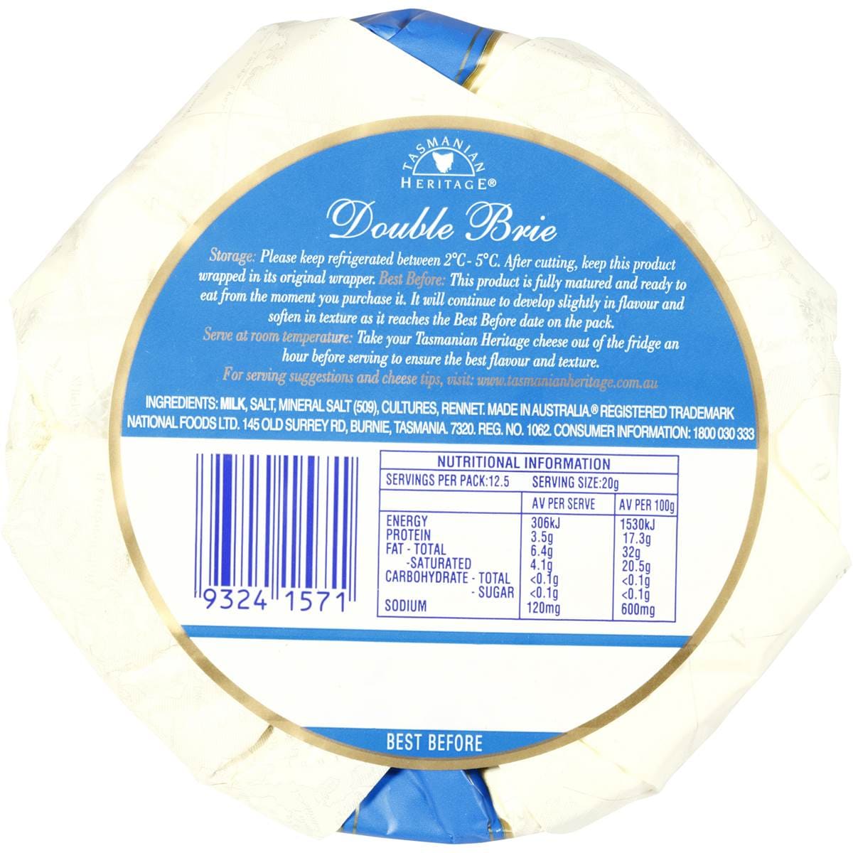 Tasmanian Heritage Double Brie Cheese 250g Woolworths
