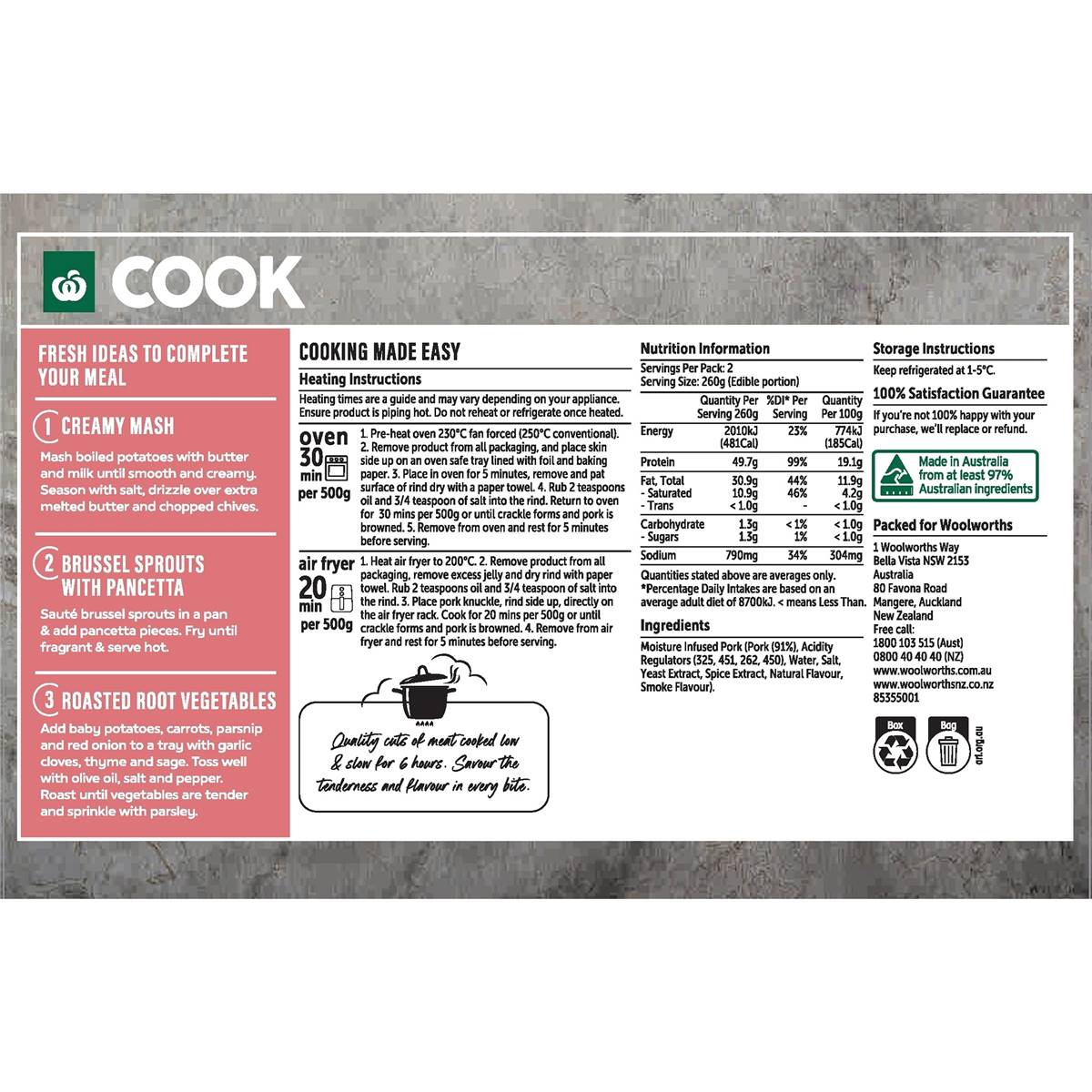 Woolworths Cook Pork Knuckle 630g 1.3kg Woolworths