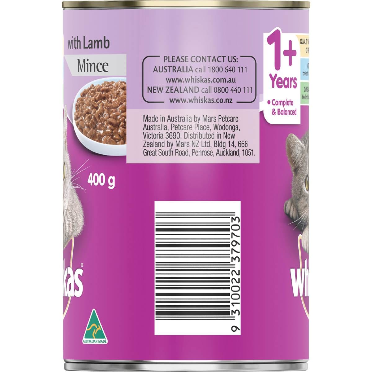 Whiskas 1+ Years Wet Cat Food Lamb Mince 400g Can Woolworths
