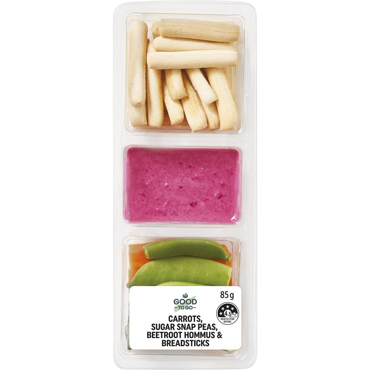 Good To Go Carrots With Sugar Snap Peas Beetroot Hommus & Breadsticks