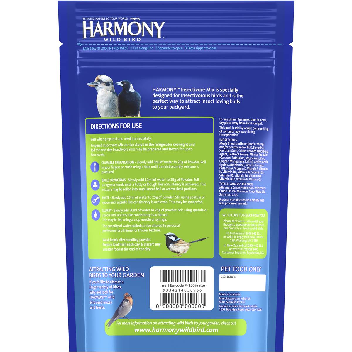 Harmony Bird Food Insectivore Mix 500g Woolworths