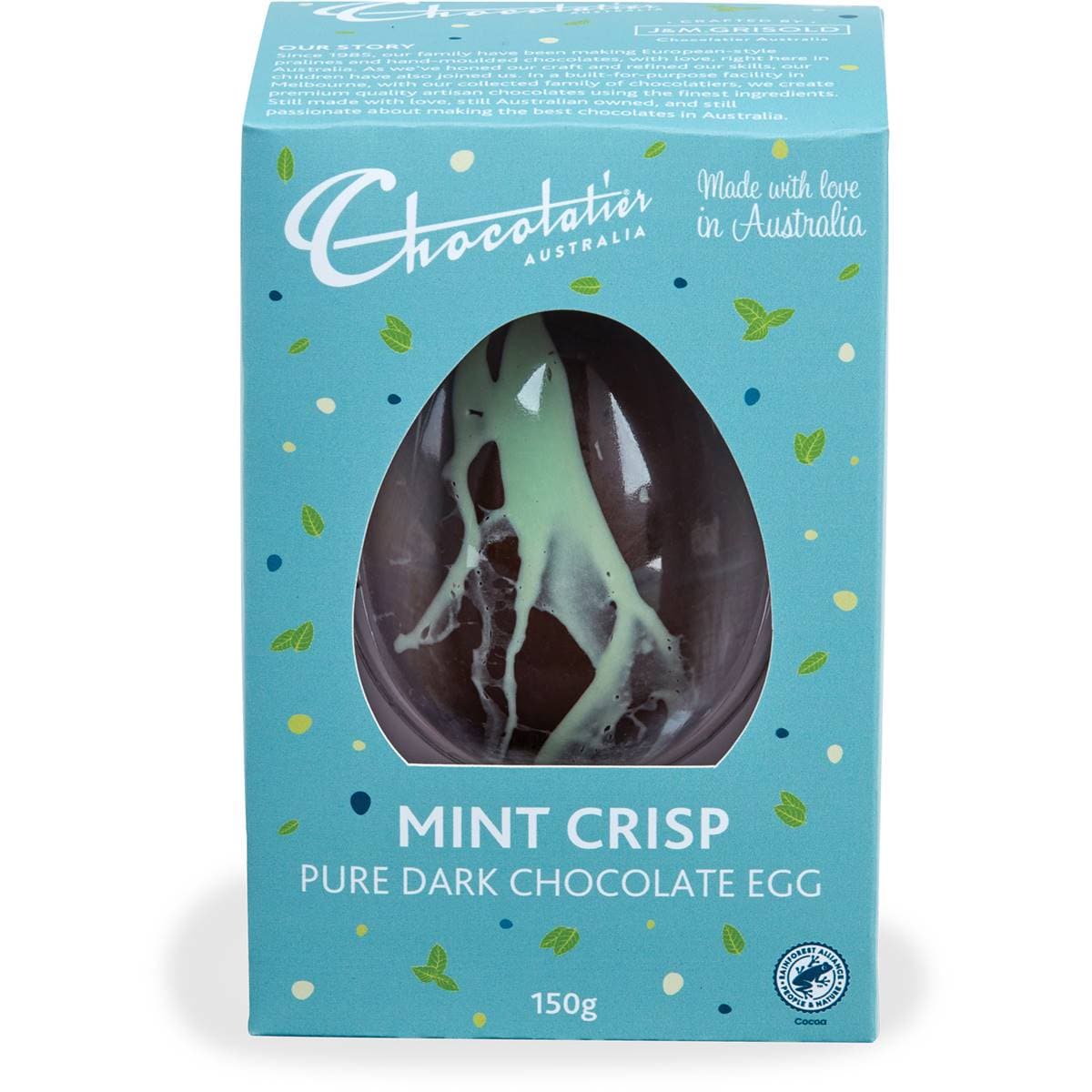 Chocolatier Mint Crisp Pure Dark Chocolate Easter Egg 150g Woolworths