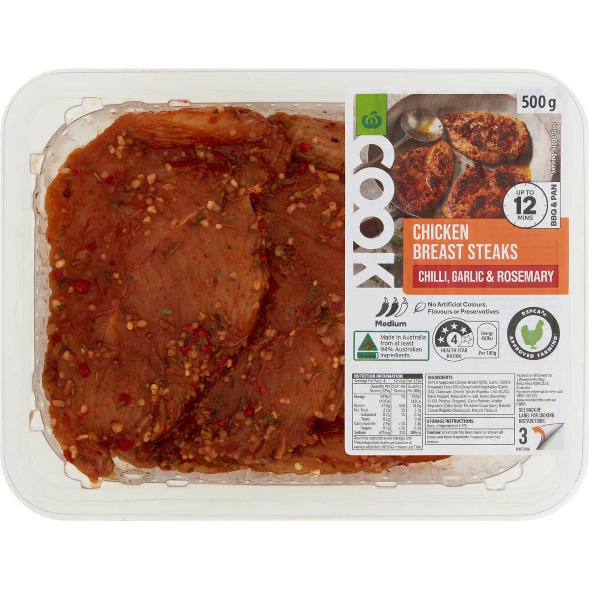 Woolworths Cook Chicken Breast Steaks Chilli Garlic & Rosemary 500g Woolworths