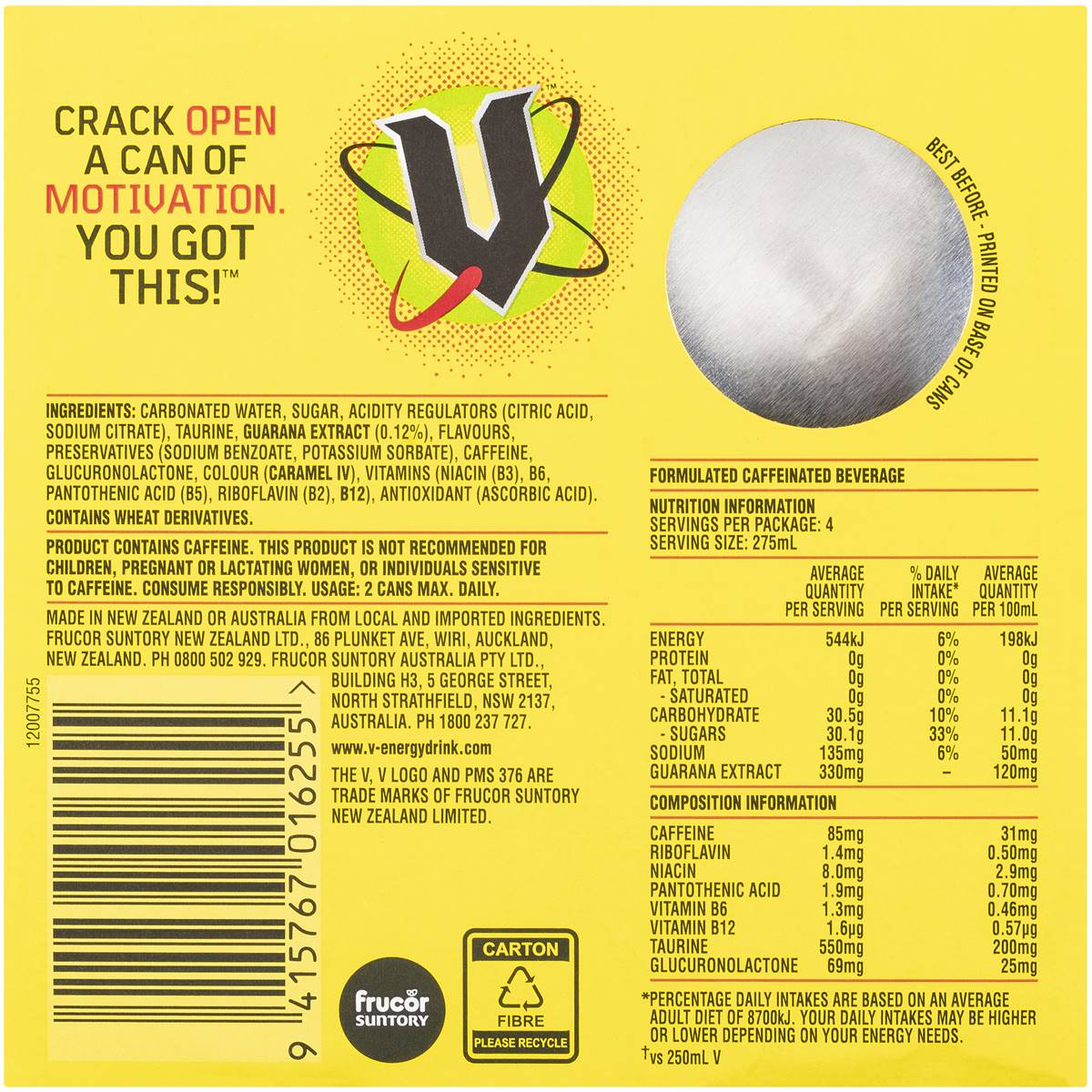 V Energy Drink Raspberry Lemonade 4 Pack Woolworths