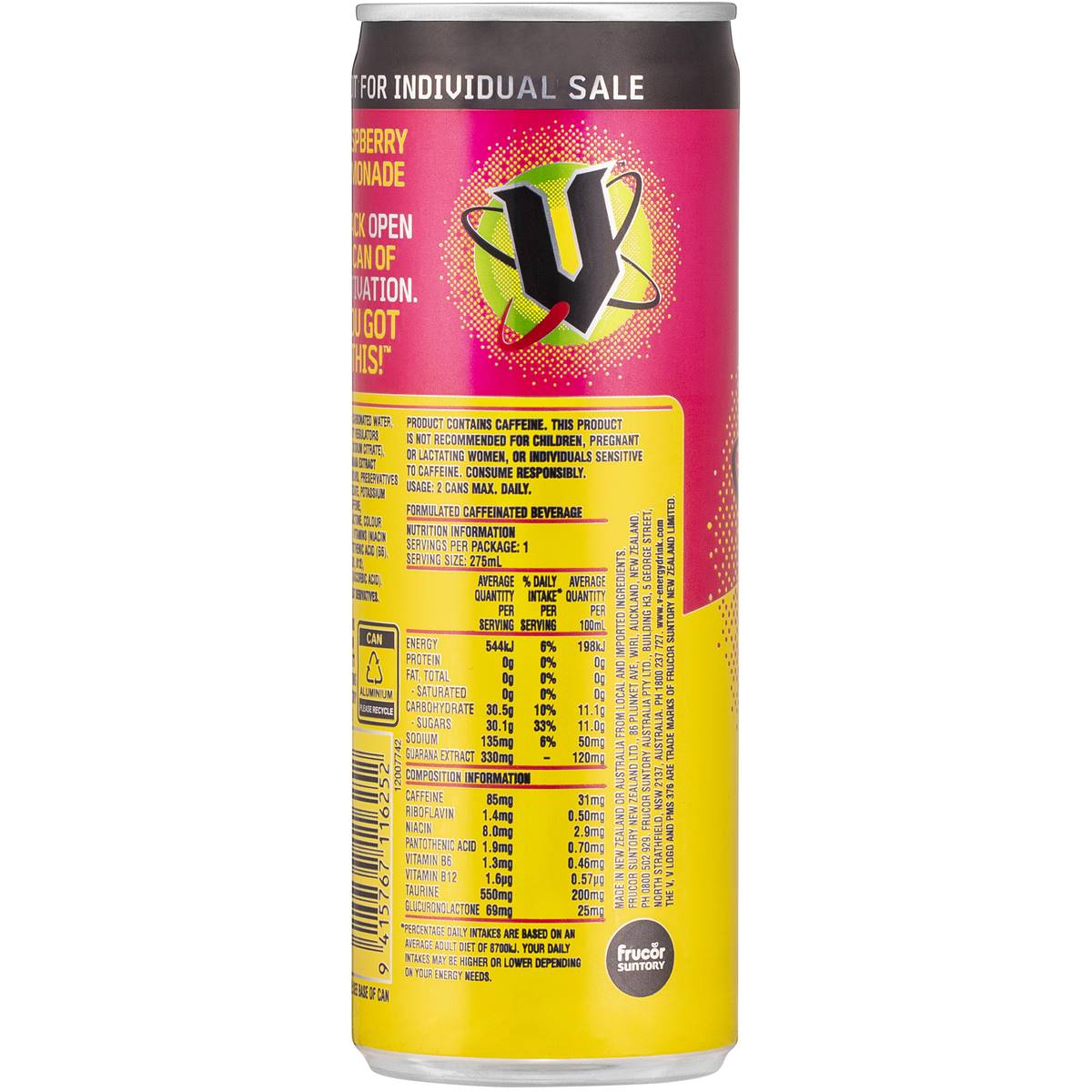 V Energy Drink Raspberry Lemonade 4 Pack Woolworths