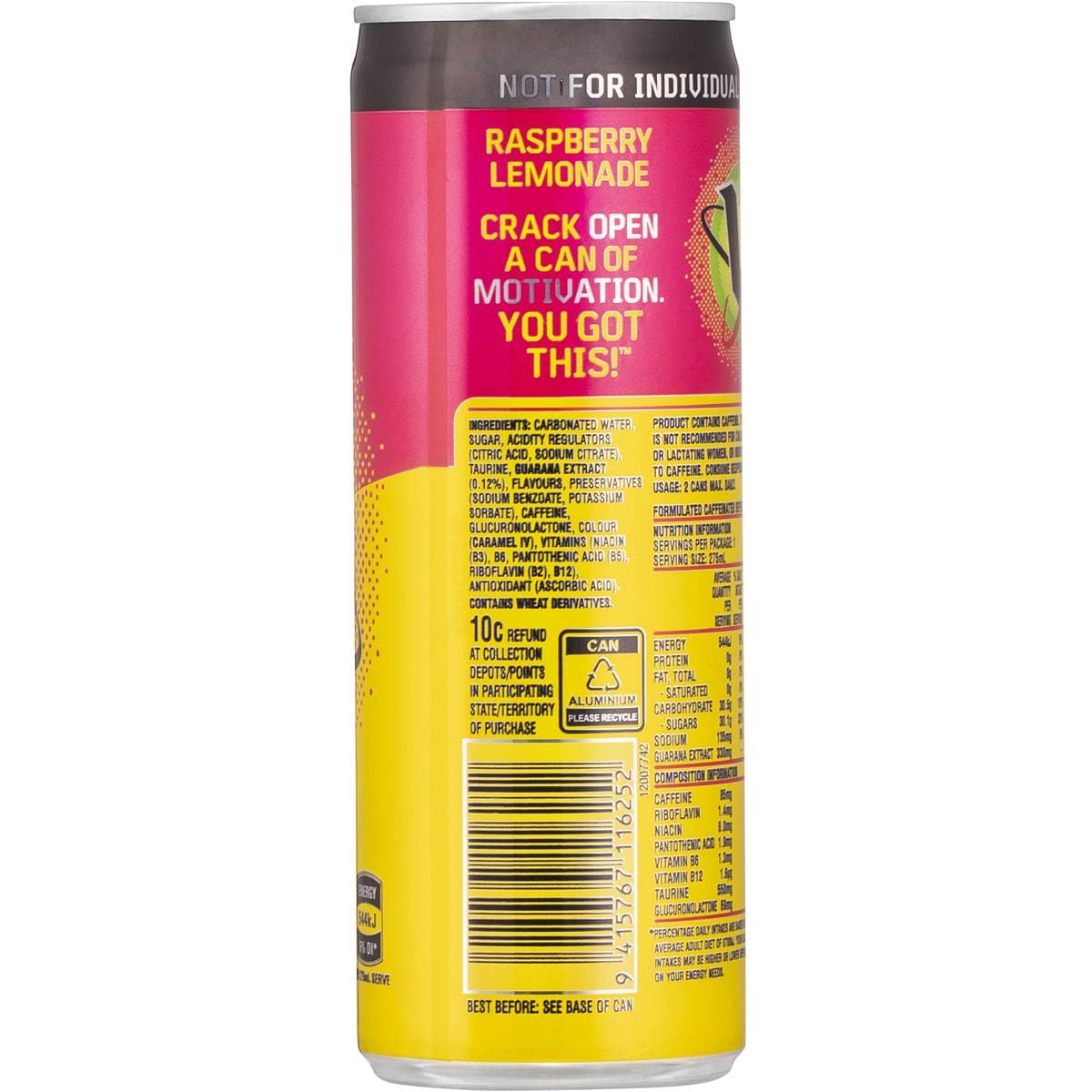 V Energy Drink Raspberry Lemonade 4 Pack Woolworths