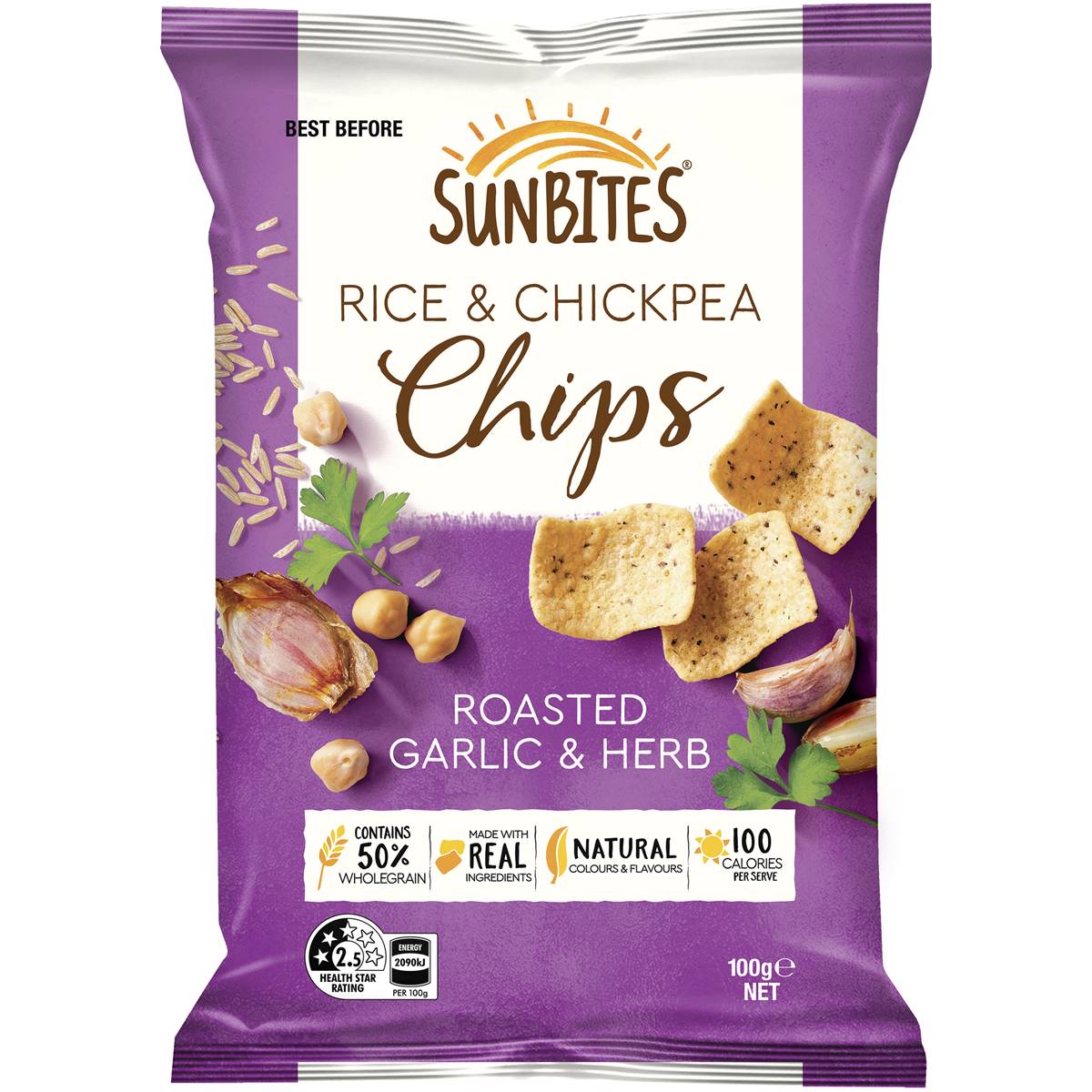 Sunbites Rice & Chickpea Chips Roasted Garlic & Herb 100g Woolworths