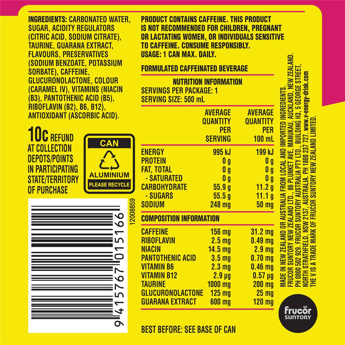 V Energy Drink Raspberry Lemonade 500ml Woolworths