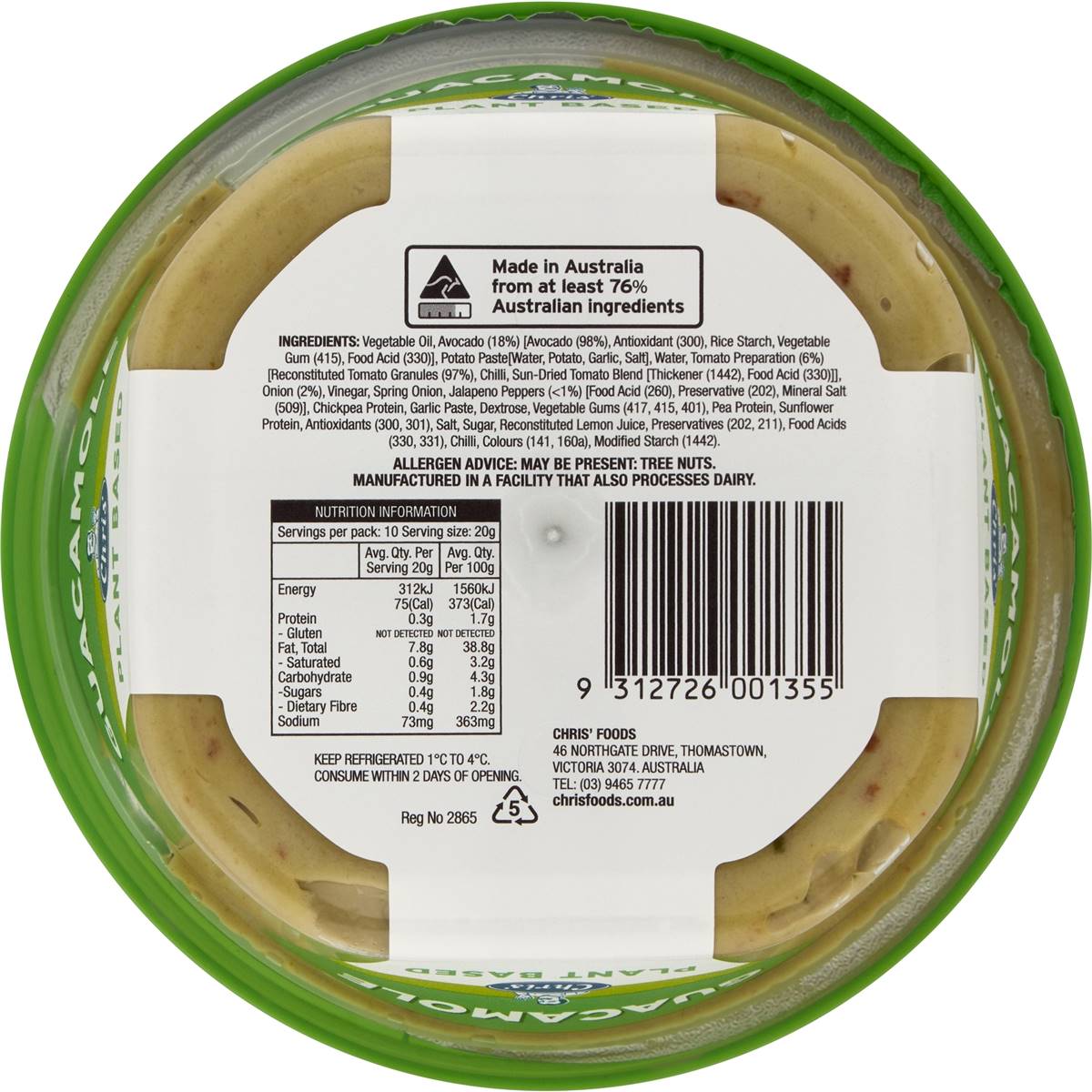 Chris' Plant Based Guacamole Dip 200g Woolworths