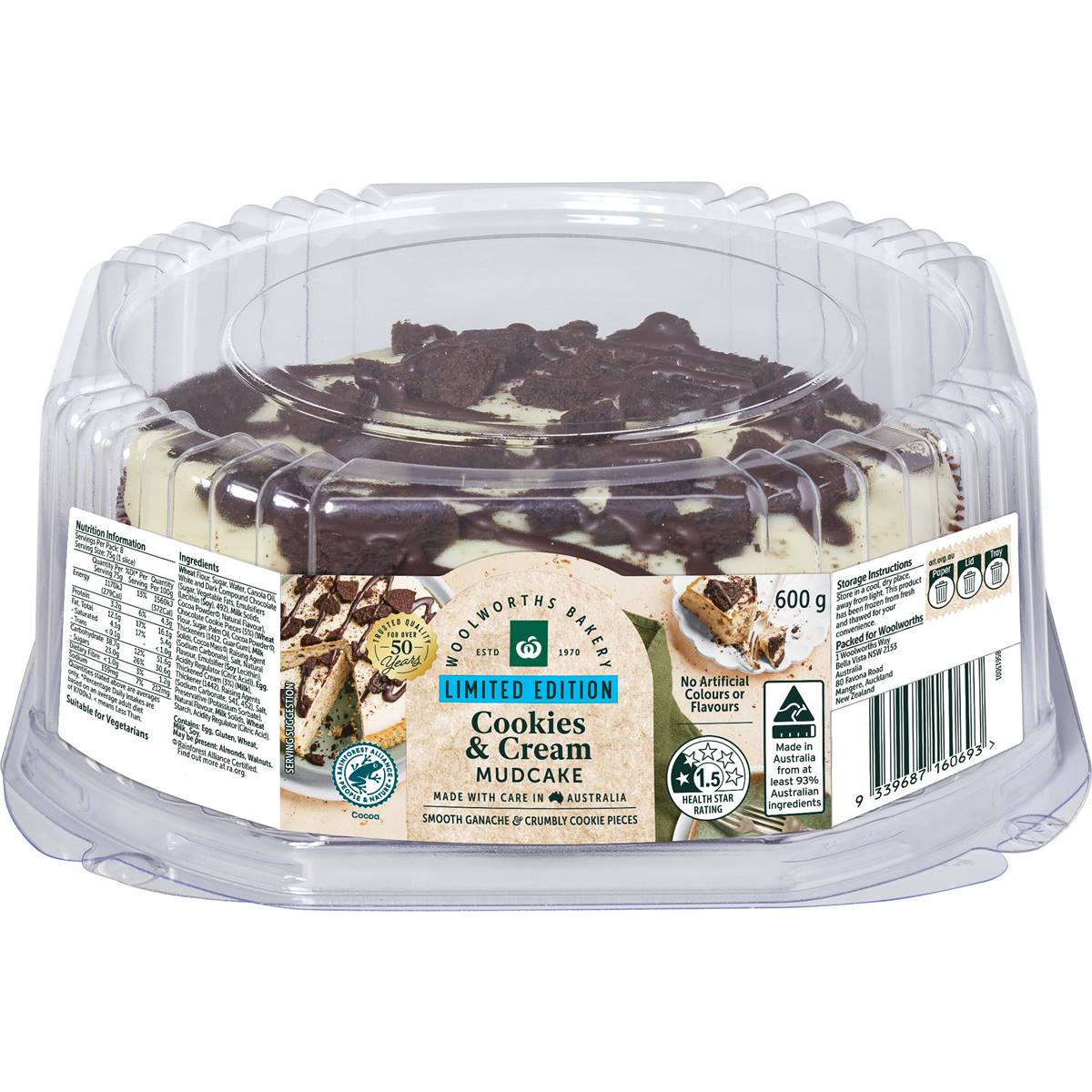 Woolworths Cookies & Cream Flavoured Mudcake 600g Woolworths