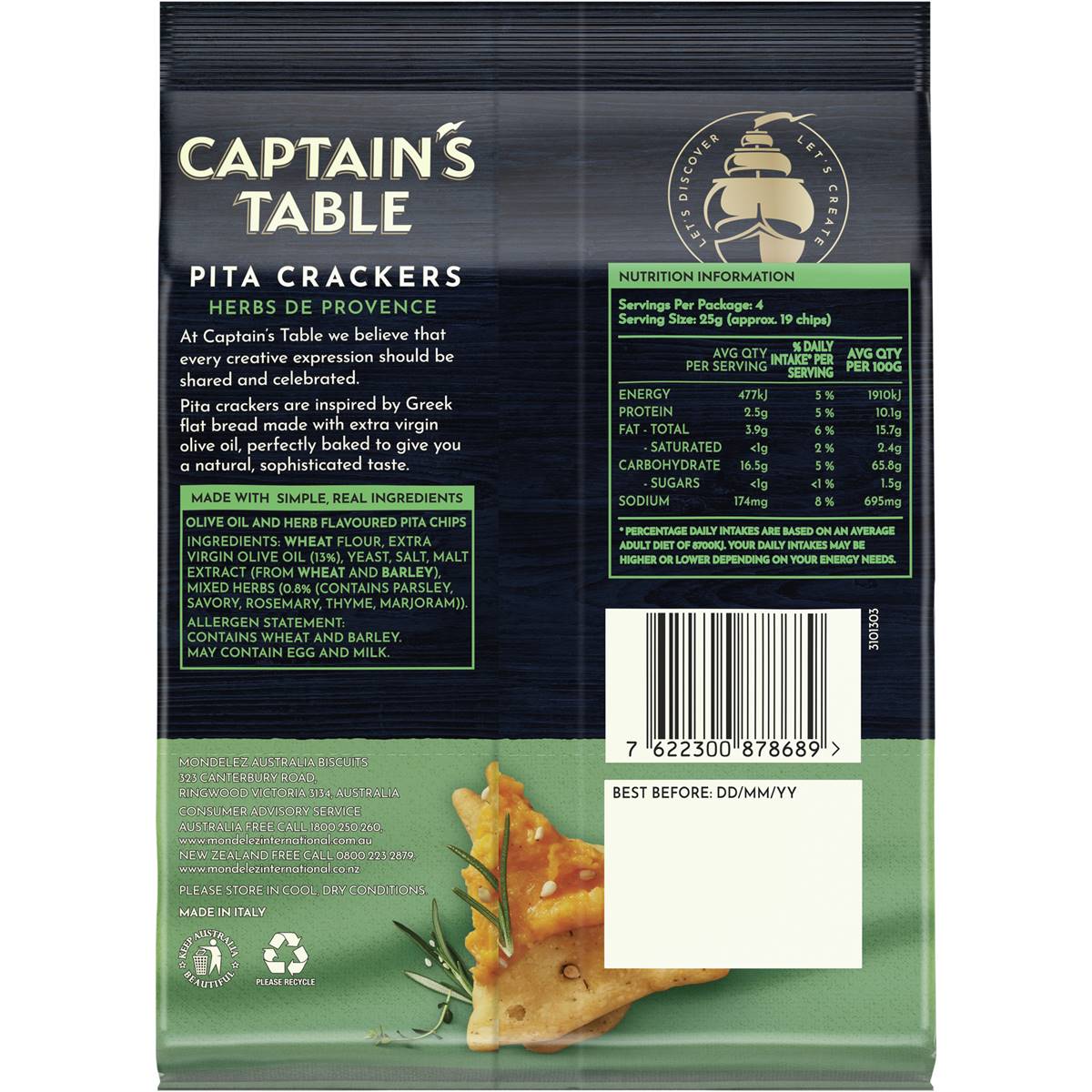 Captain's Table Pita Crackers Herbs De Provence 100g Woolworths