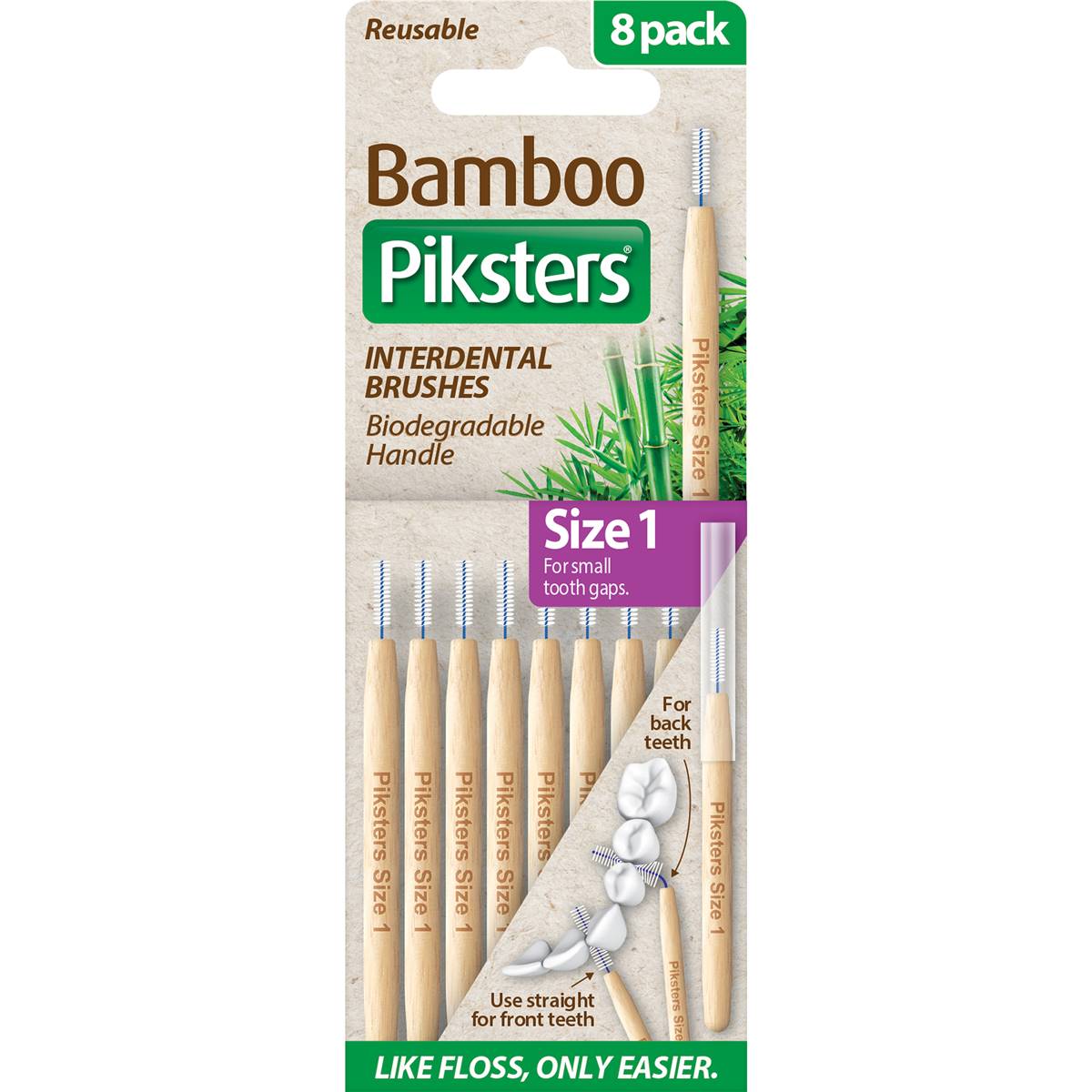 Piksters Bamboo Straight Interdental Brushes & Caps Size 1 8 Pack