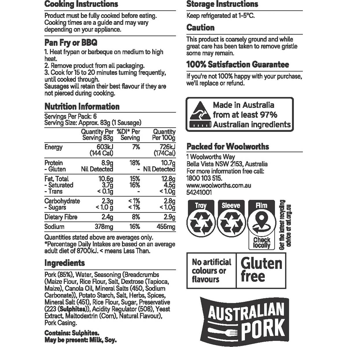 Woolworths Classic Cumberland Pork Sausages 500g Woolworths